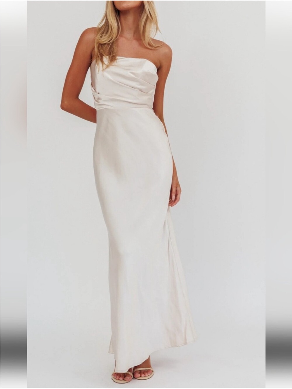 Selfie Leslie Strapless Satin Maxi Dress in Ivory Cream